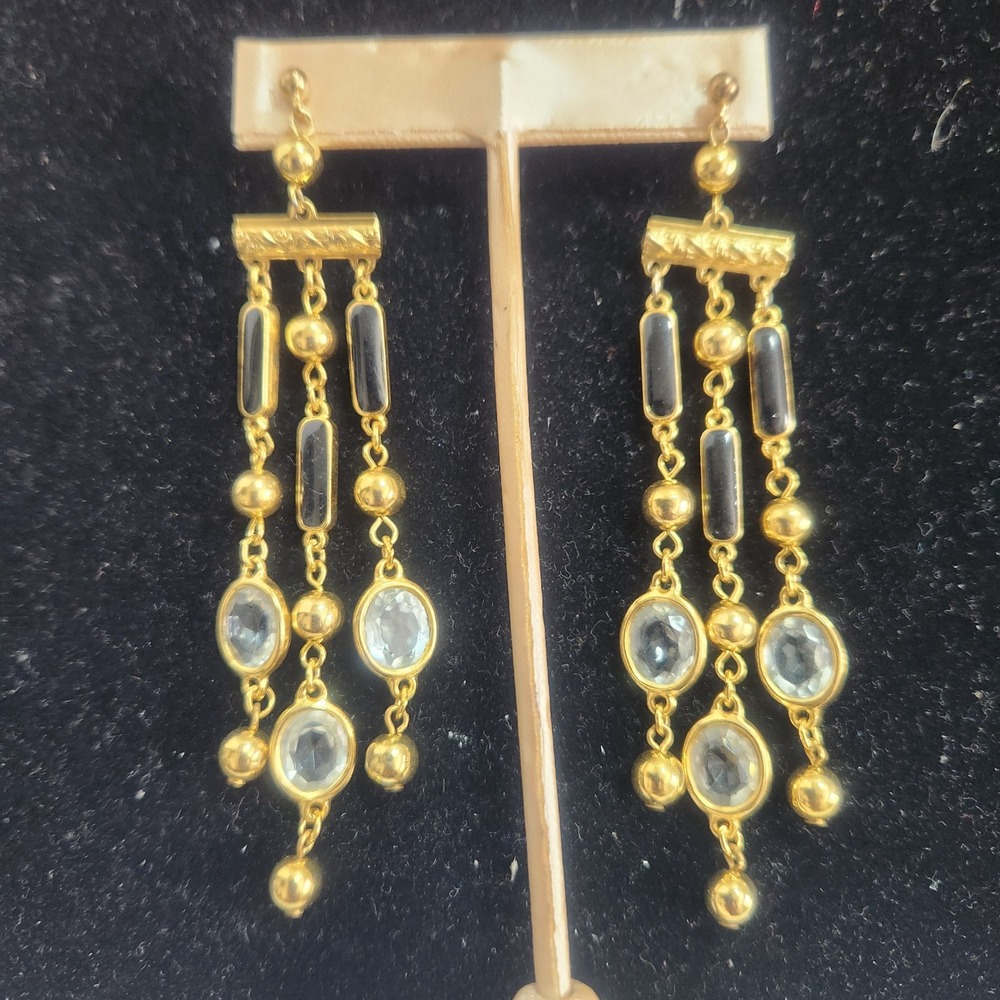 Gold Tone Black and Clear Crystal Chandelier Drop‎ Dangle Earrings Post Back